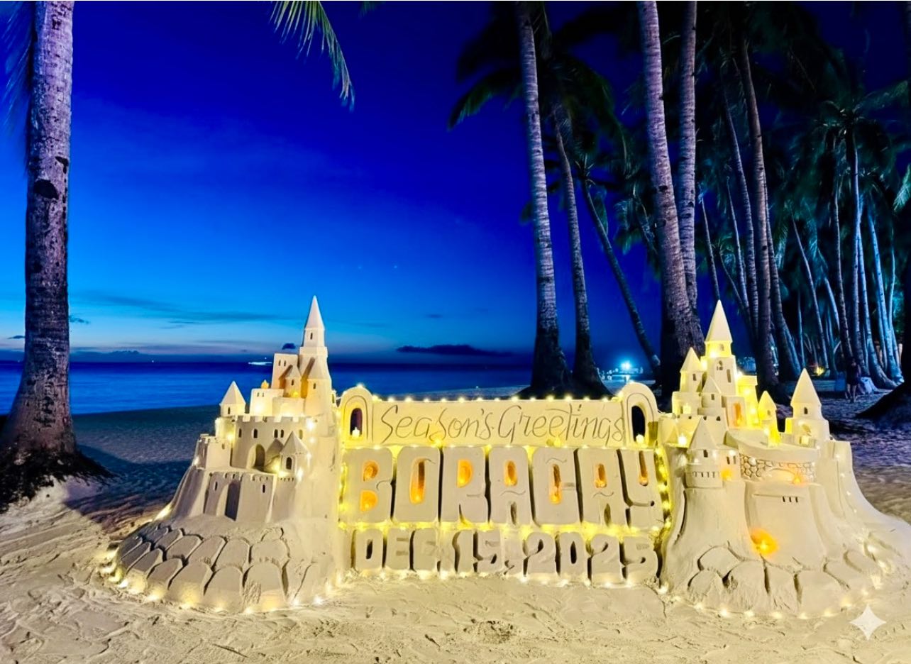 Boracay Season's Greetings sand castle at night lit with fairy lights